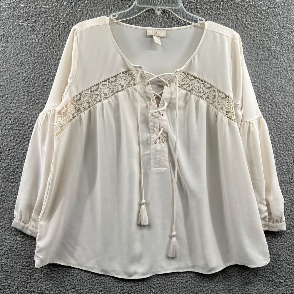Womens Cottage Peasant Blouse S Cream Boho Feminine Tie Front Tassel Lace Trim